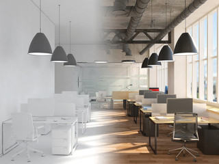Unfinished project of country style coworking office interior. 3D Rendering