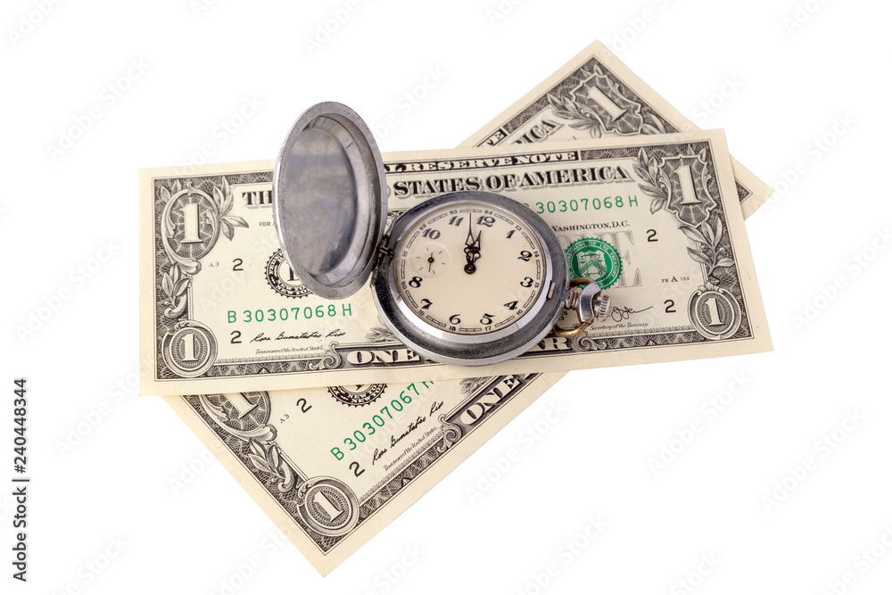 Wall mural concept time is money. two dollars and a retro pocket watch showing two minutes to noon or midnight.