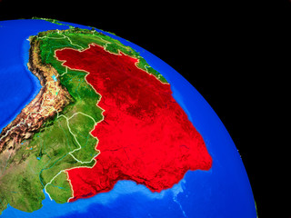 Brazil on planet Earth from space with country borders. Very fine detail of planet surface.
