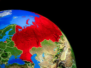 Russia on planet Earth from space with country borders. Very fine detail of planet surface.