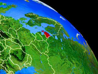 Estonia on planet Earth from space with country borders. Very fine detail of planet surface.