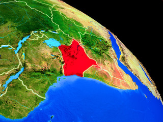 Kenya on planet Earth from space with country borders. Very fine detail of planet surface.