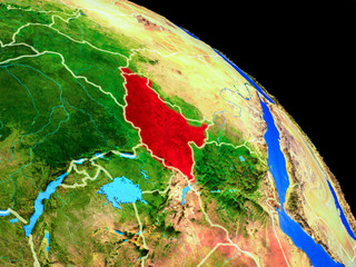 South Sudan on planet Earth from space with country borders. Very fine detail of planet surface.