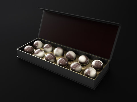 Chocolate In The Luxury Box Isolated On Dark Background, 3d Illustration