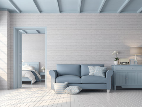 Vintage living room and bedroom 3d render,There are white brick pattern wall,wood plank floor,blue pastel color furniture,door and ceiling,The room has sunlight shining through to inside.