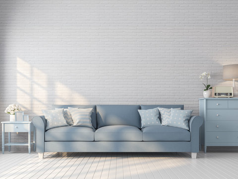Vintage living room 3d render,There are white brick pattern wall,wood plank floor,blue pastel color furniture,The room has sunlight shining through to inside.