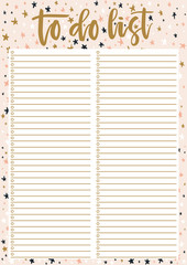 Cute A4 template for To Do List with lettering on decorative pastel background with stars. A4 print ready organizer with lined page and check boxes. Trendy self-organization concept for 2019 year.