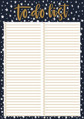 Cute A4 template for To Do List with lettering on decorative dark background with stars. A4 print ready organizer with lined page and check boxes. Trendy self-organization concept for 2019 year.