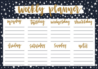 Cute weekly planner for 2019 year on dark background with stars. A4 print ready template for weekly and daily planner with lettering. Organizer and schedule with notes. Self-organization concept.