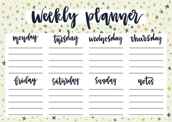 Cute weekly planner for 2019 year on pastel background with stars. A4 print ready template for weekly and daily planner with lettering. Organizer and schedule with notes. Self-organization concept.
