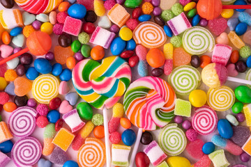 Lollipops candies and sweet sugar jelly multicolored, Colorful sweets Top view and Close up...
