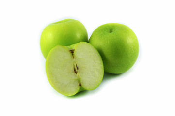 Green apple isolate on white background / three green fresh fruit split