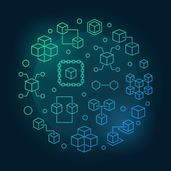 Blockchain crypto vector round blue bright illustration in outline style on dark background