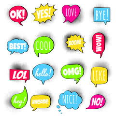 16 Speech bubbles flat style design set on halftone with text; love, yes, like, lol, cool, wow, boom, yes, omg... hand drawn comic cartoon style set vector illustration isolated on white background.