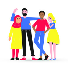 Happy friends from all around the World hugging, happy international friendship day flat style design character vector illustration isolated on white background. Diversity and no limits friendship.