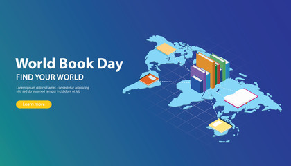 world book day website banner design with world maps and book network across the worlds