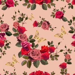 Romantic floral background with roses and butterfly- seamless pattern