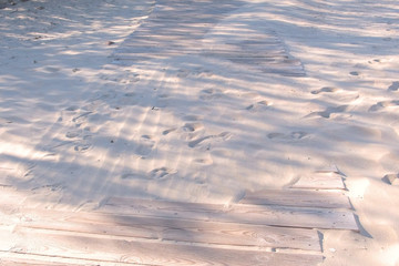 Wooden boardwalk path on the sandy beach. Traces of animals and people on the sand.