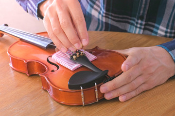 Close-up hands of young man in plaid shirt is repairing a violin sitting at the table. Tightens the...
