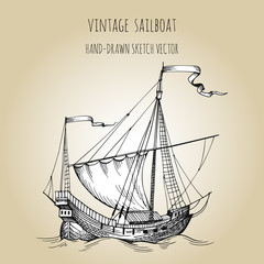 Old caravel, vintage sailboat. Hand drawn vector sketch.