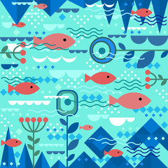 Fototapeta na wymiar Underwater design with fishes and floral elements in modern flat geometric style. Colorful vector background, abstract shapes.
