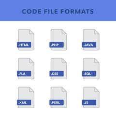 Set of code File Formats and Labels in flat icons style. Vector illustration