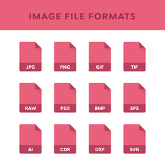Set of image File Formats and Labels in flat icons style. Vector illustration