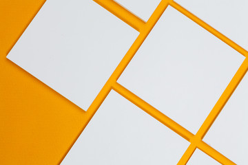 mock up concept. cards Papers on yellow background. Top view, flat lay, copy space
