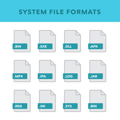 Set of system File Formats and Labels in flat icons style. Vector illustration