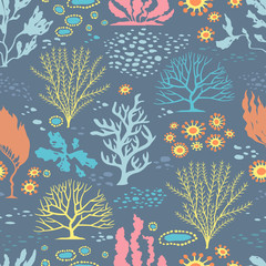 Fototapeta na wymiar Seamless seaweed and plankton underwater background. Vector Illustration.