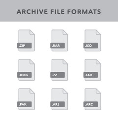 Set of archive File Formats and Labels in flat icons style. Vector illustration