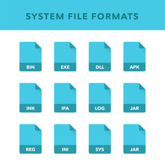 Set of system File Formats and Labels in flat icons style. Vector illustration