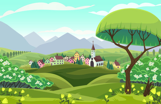 Vector Spring Landscape. Sight Of A Village, Mountains And Fields In Cartoon Style.