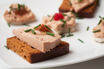 closeup of foie gras on gingerbread in festive plate - obrazy, fototapety, plakaty