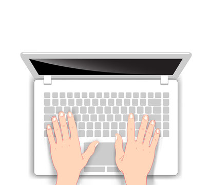 Laptop in cartoon style with human hands on white background. Vector illustration.