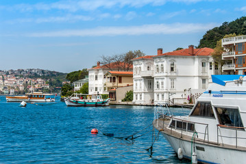 Fototapeta na wymiar Istanbul, Turkey, 17 April 2006: Bosphorus Mansions, Boats, Kanlica