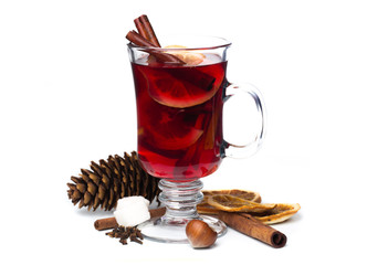 mulled wine with spices isolated on white background. Winter alcoholic cocktail. Christmas drink.