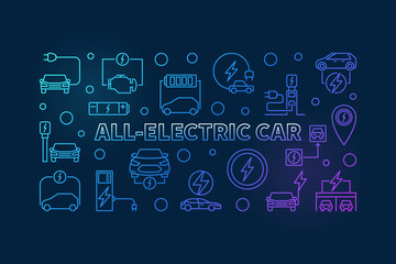 All-electric car horizontal colorful outline banner. Vector illustration made with electric car linear icons on dark background