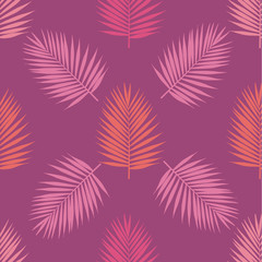 Fototapeta na wymiar Living coral and purple tropical palm leaves seamless pattern. Vector illustration.