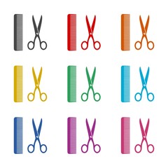 Comb and scissors icon or logo, color set
