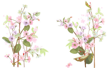 Horizontal border with spring blossom. Pink, bluish flowers: cherry, (sakura, almond, plum). Florets, branches, buds, green leaves on white background. Digital drawing in watercolor style, vector © analgin12
