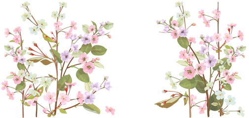 Horizontal border with spring blossom. Pink, bluish flowers: cherry, (sakura, almond, plum). Florets, branches, buds, green leaves on white background. Digital drawing in watercolor style, vector © analgin12
