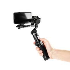Smartphone on three-axis stabilizer. Close up. Isolated on white background