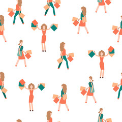 People with shopping bags. Seamless pattern with girls and woman. Vector illustration.
