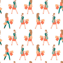 People with shopping bags. Seamless pattern with girls and woman.