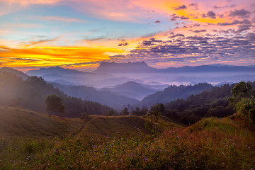 Fototapeta na wymiar Landscape of sunrise on Mountain at Doi Luang Chiang Dao, ChiangMai ,Thailand