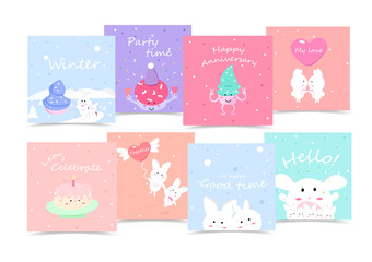 Fototapeta premium Cute, Holiday cards, cartoon collection, stickers, celebrate party creative message, invitations, sweet food characters minimal with rabbit vector illustration