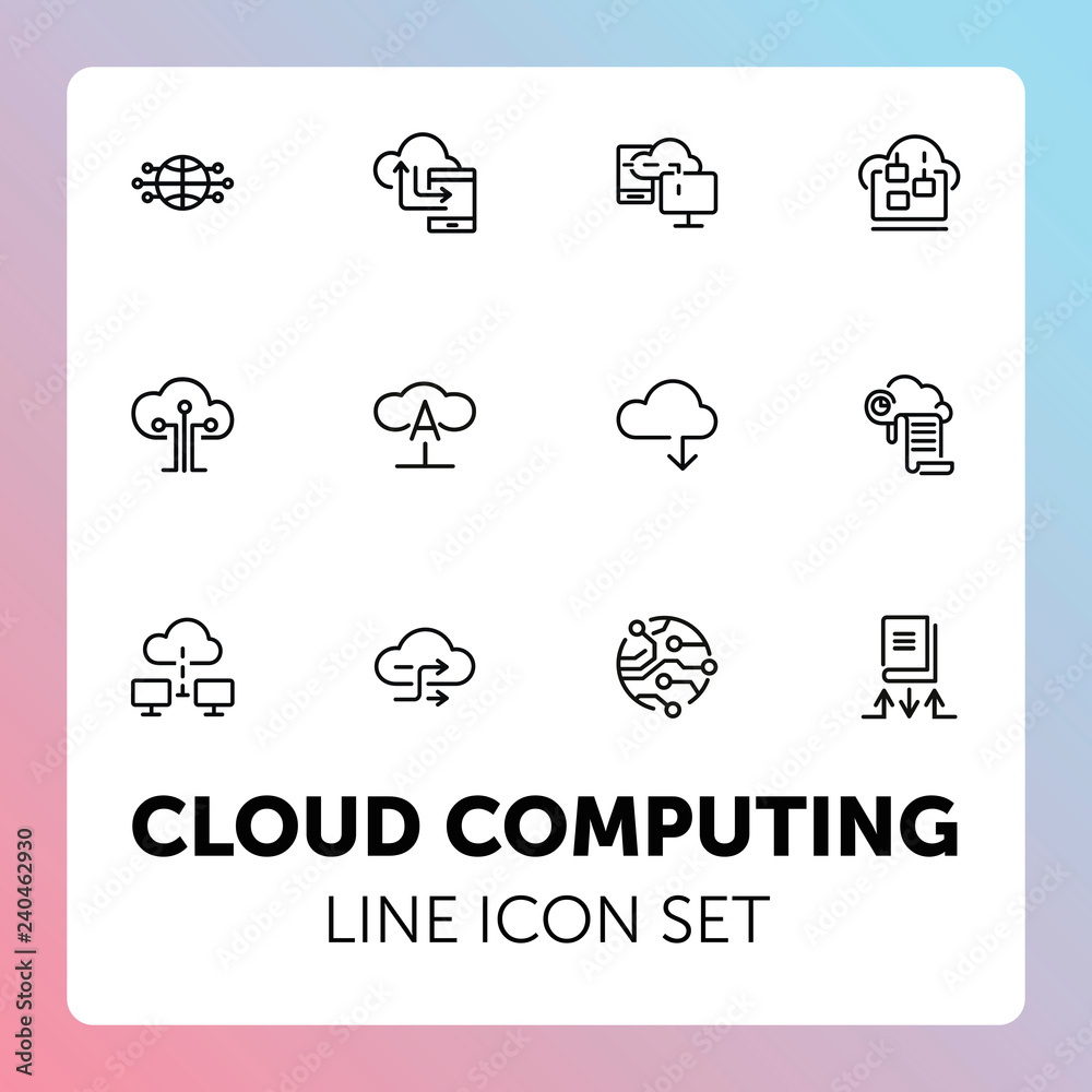 Poster cloud computing line icon set. set of line icons on white background. programming concept. system, s