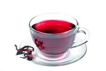 Cup of hibiscus tea isolated on white. Vitamin tea for cold and flu. Herbal tea. © Oleksii