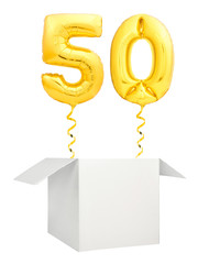 Golden number fifty inflatable balloon with golden ribbon flying out of blank white box isolated on...